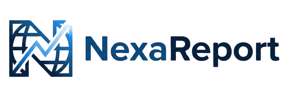 NexaReport logo with abstract N icon and globe representing global news platform
